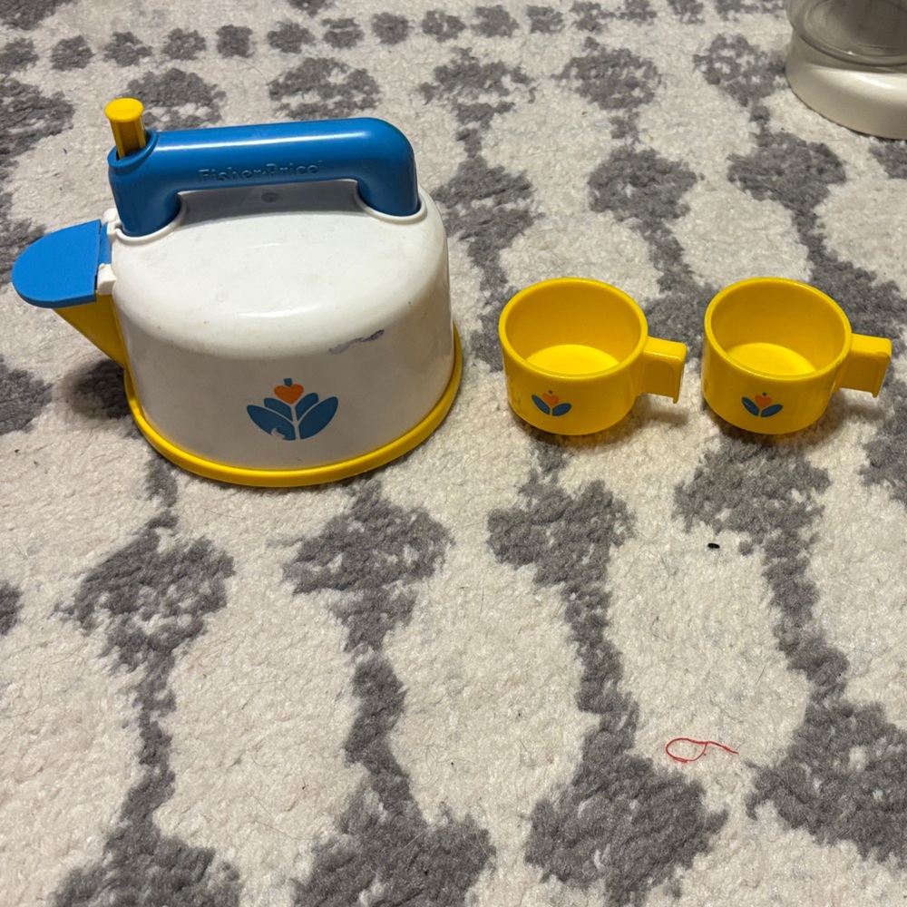 FISHER PRICE VINTAGE Children's Yellow & Blue Toy Tea Set - Floral Detail